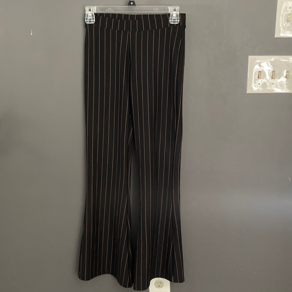 Only size XS long wide bottom hem black pull on slacks with brown stripes EUC